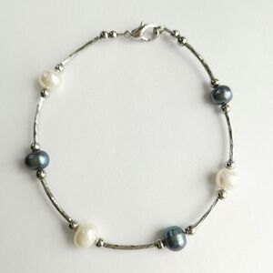 Silver Grey and White Pearl Anklet Sterling Silver 9 Inches
